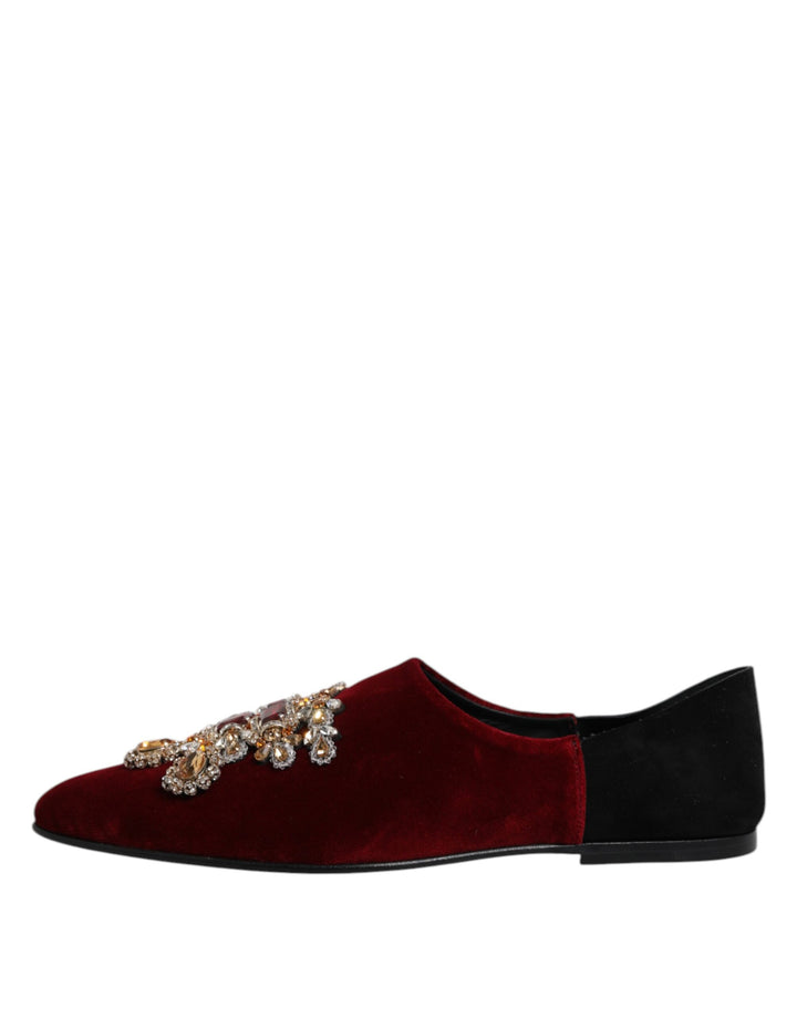 Black Red Velvet Embellished Slip On Shoes