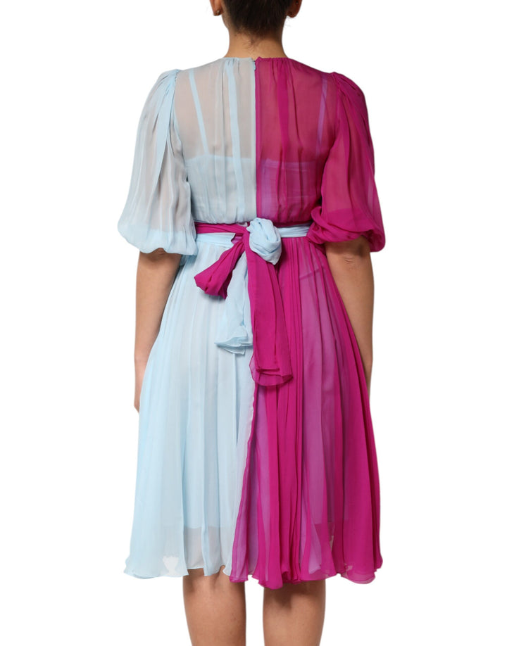 Fuchsia Light Blue Silk Two Tone Midi Dress