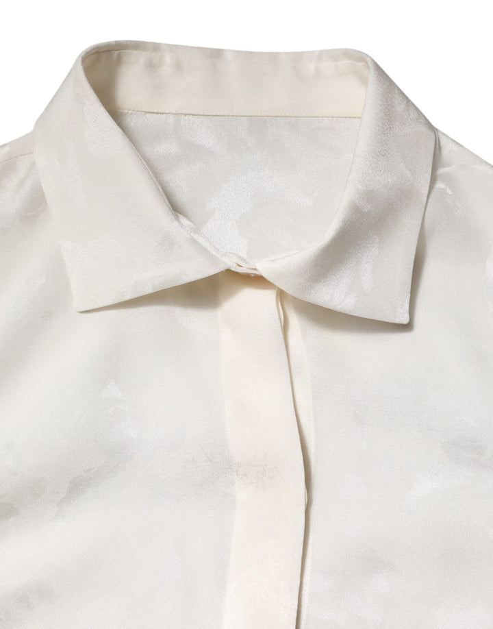 White Silk Long Sleeves Collared Shirt Top