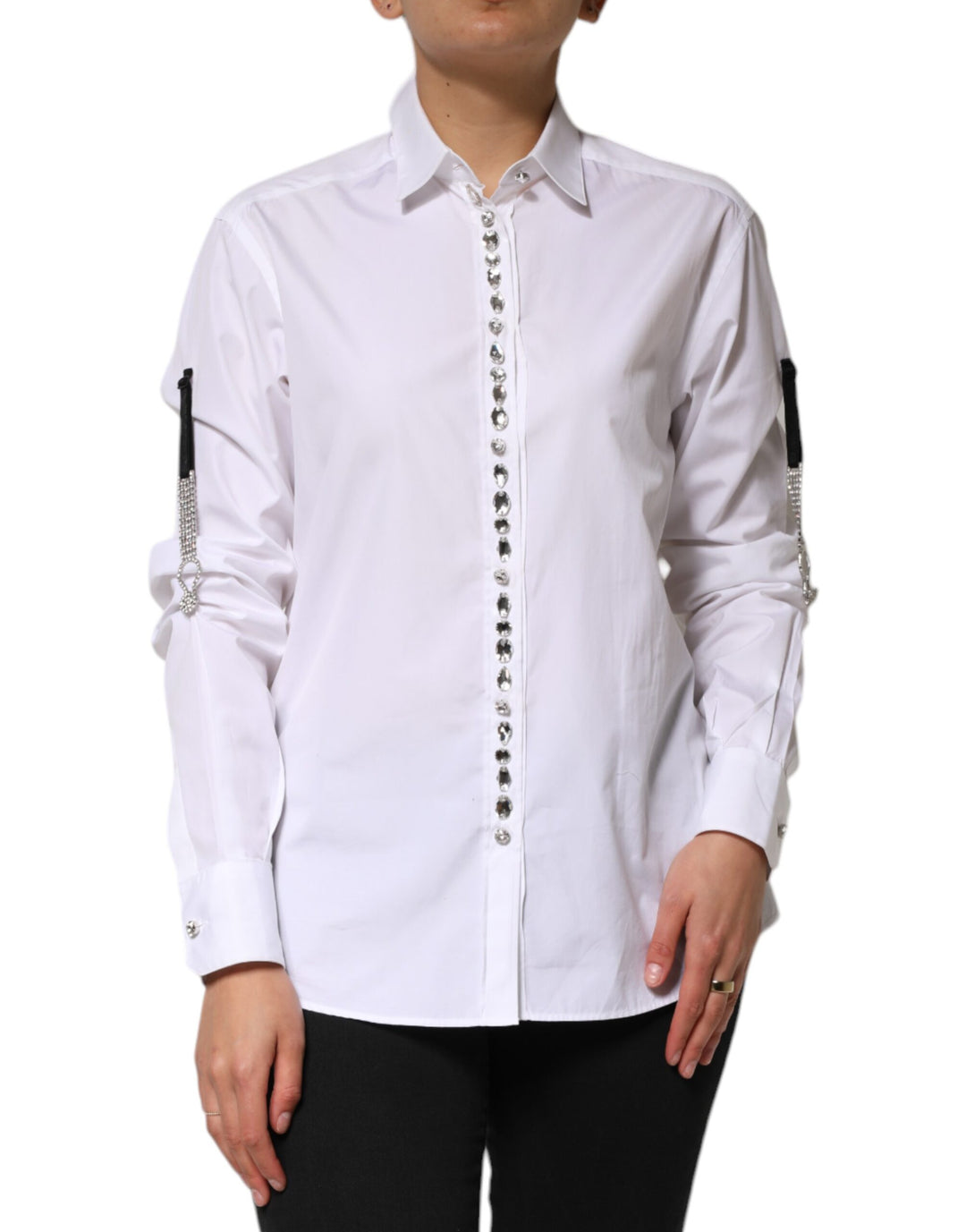 White Crystal Embellished Collared Shirt Top