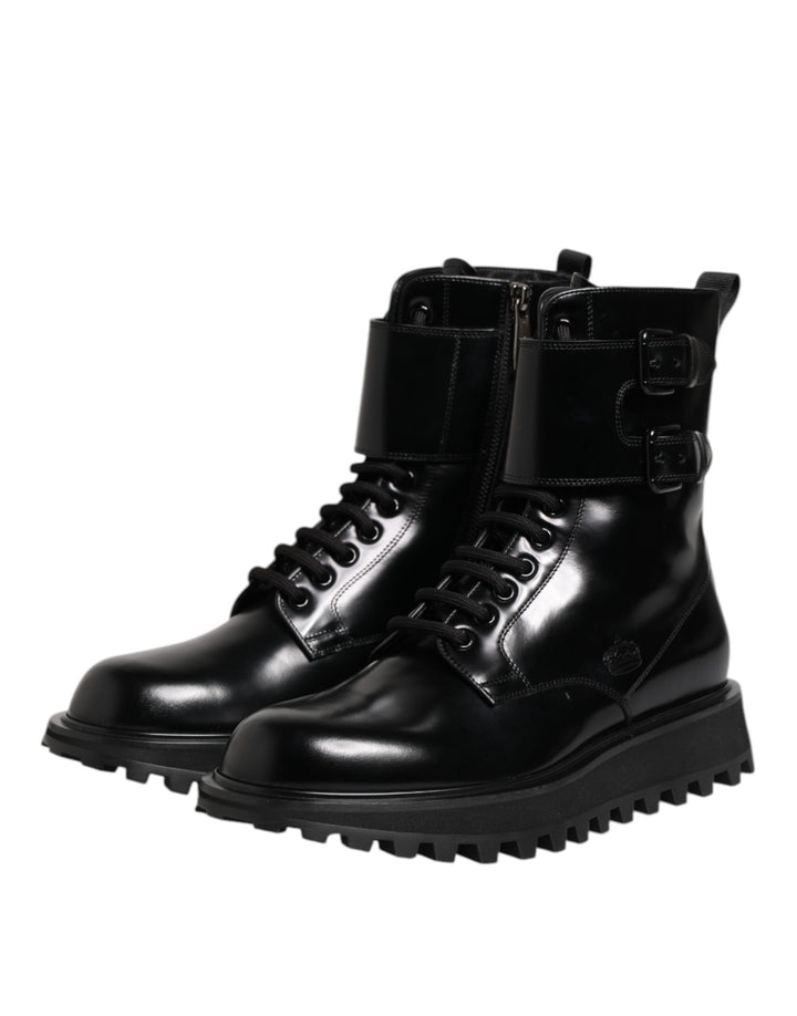 Black Leather Lace Up Mid Calf Boots Shoes