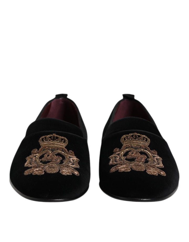 Black Velvet Gold Crown Mens Loafers Shoes