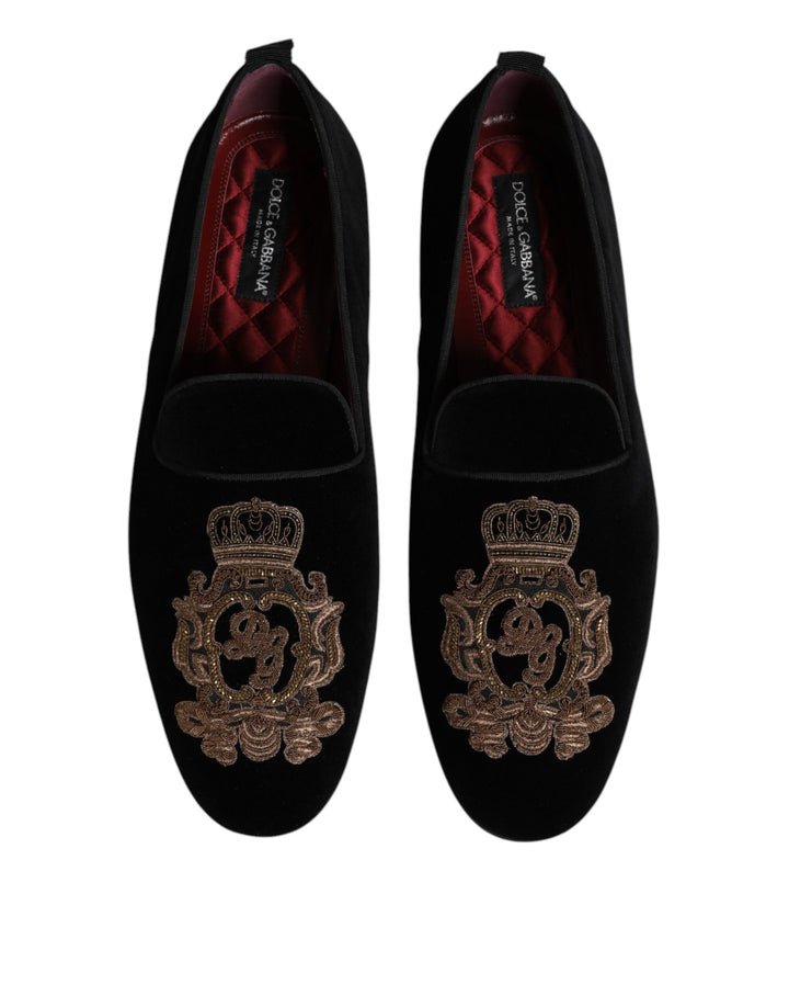 Black Velvet Gold Crown Mens Loafers Shoes