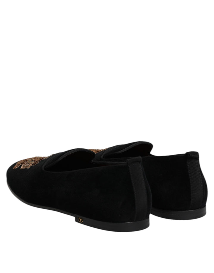 Black Velvet Gold Crown Mens Loafers Shoes