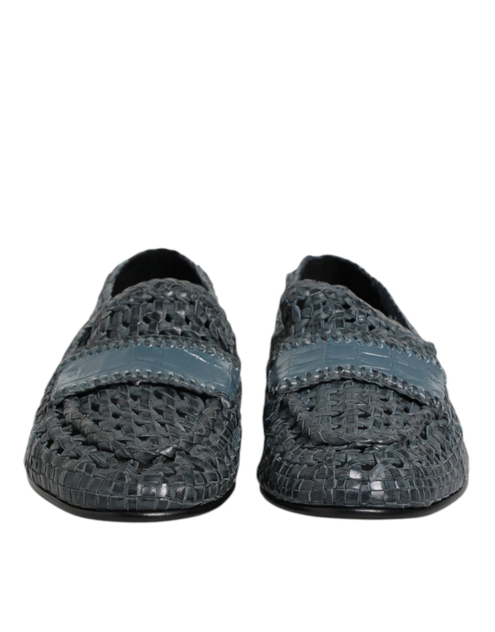 Blue Woven Raffia Slip On Loafers Shoes