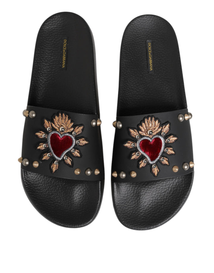 Black Rubber Sacred Heart Slides Men Beachwear Shoes