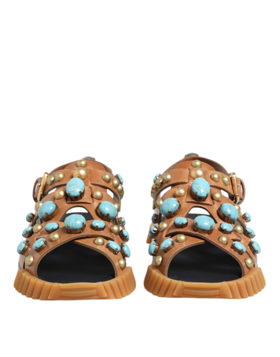 Brown Leather Studded Slides Sandals Shoes