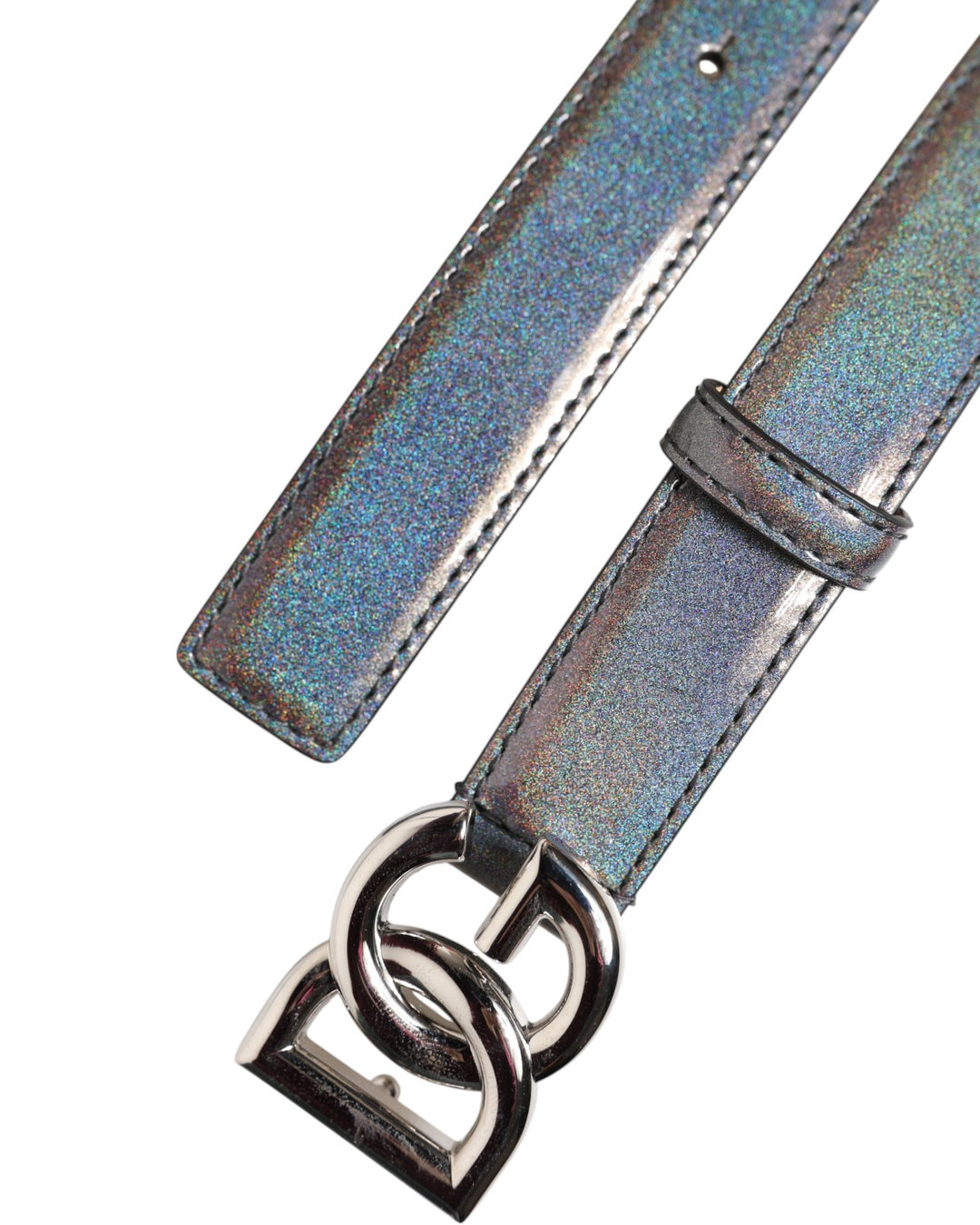 Metallic Leather Silver Tone Logo Buckle Belt