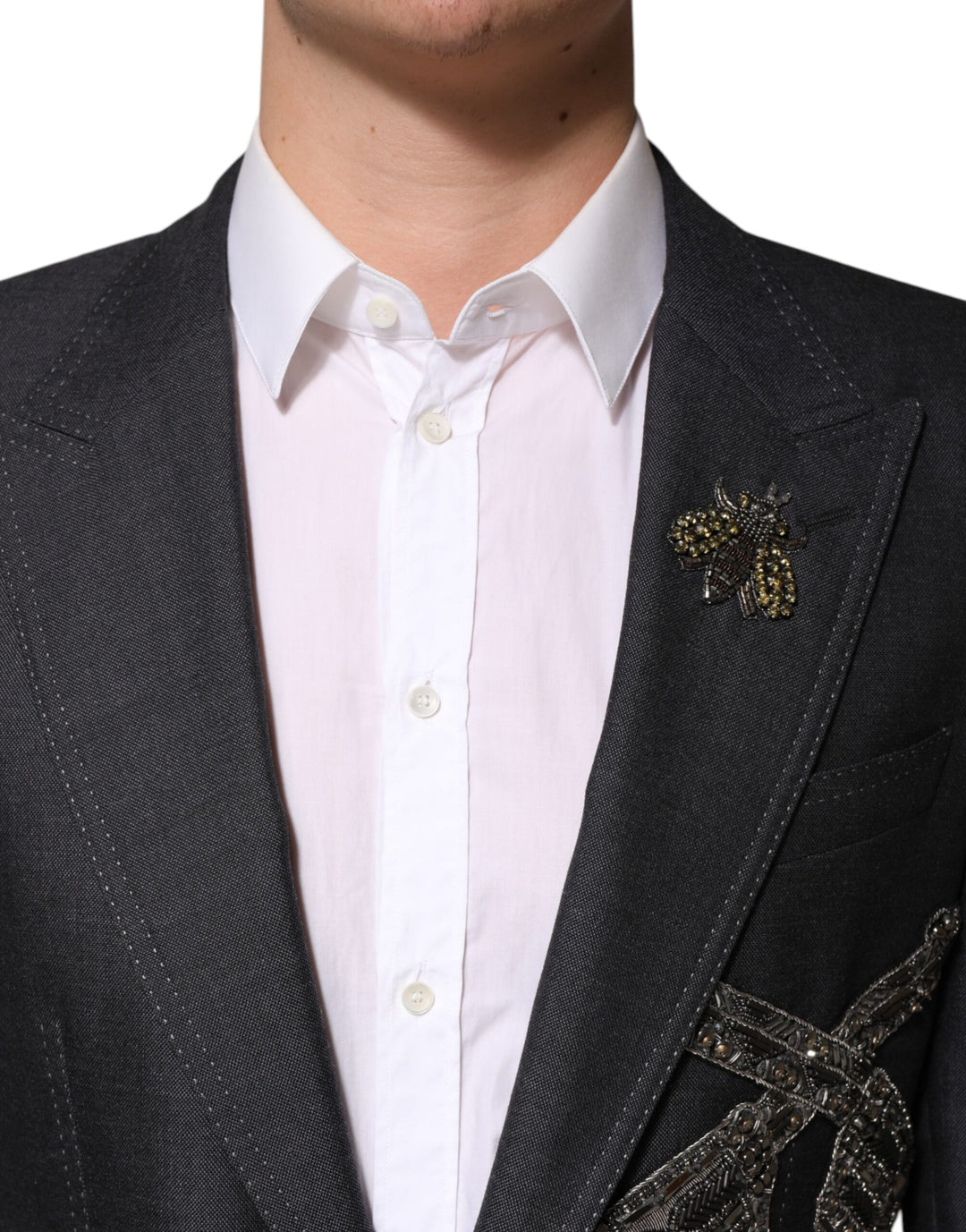 Dark Gray Bee Embroidery Wool Coat Blazer