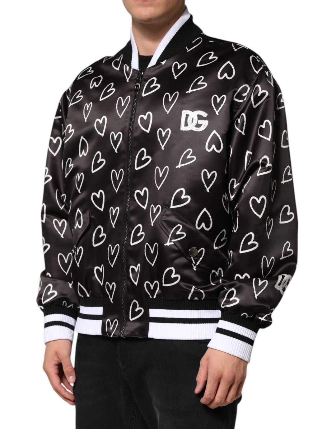 Black Polyester Heart Print Bomber Jacket