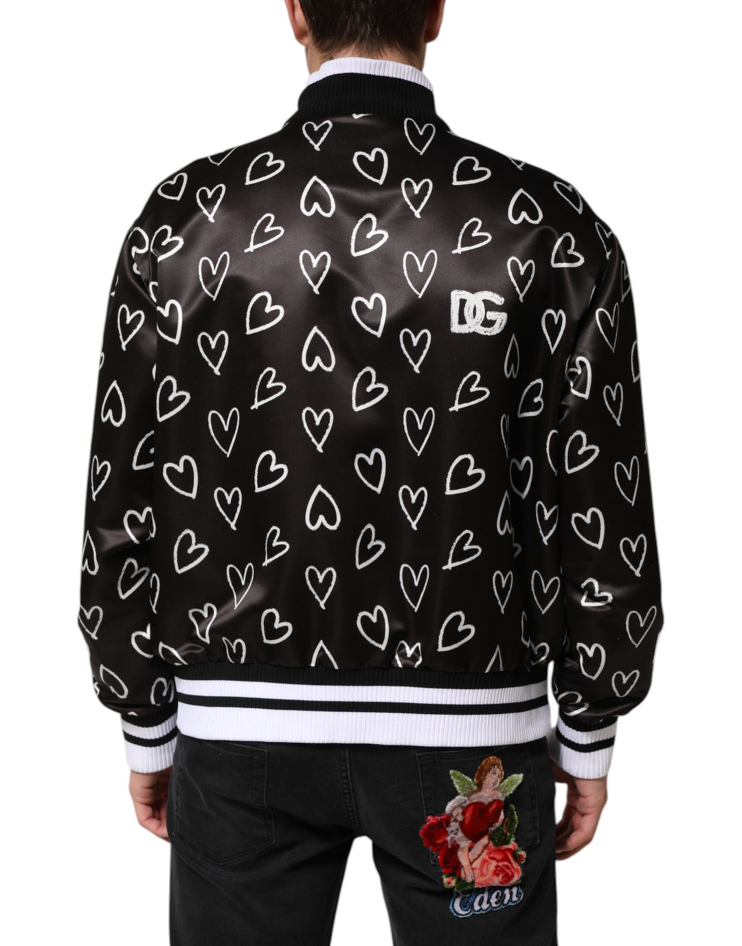 Black Polyester Heart Print Bomber Jacket