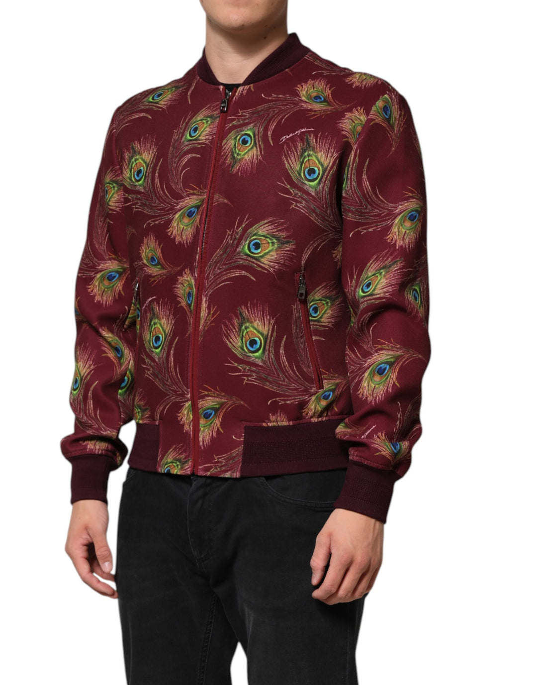 Maroon Peacock Feather Print Bomber Jacket