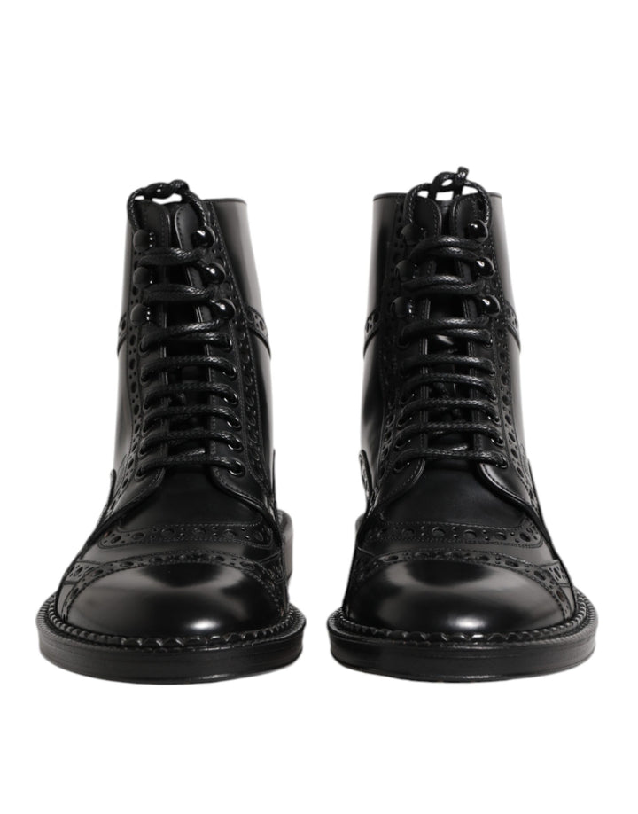 Black Leather Lace Up Mid Calf Boots Shoes
