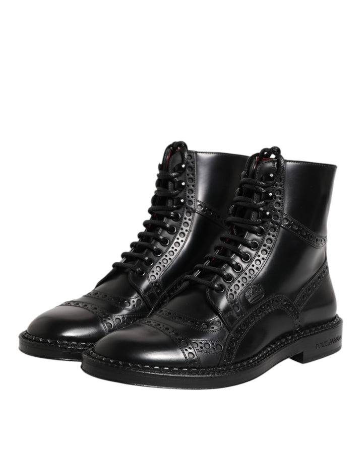 Black Leather Lace Up Mid Calf Boots Shoes
