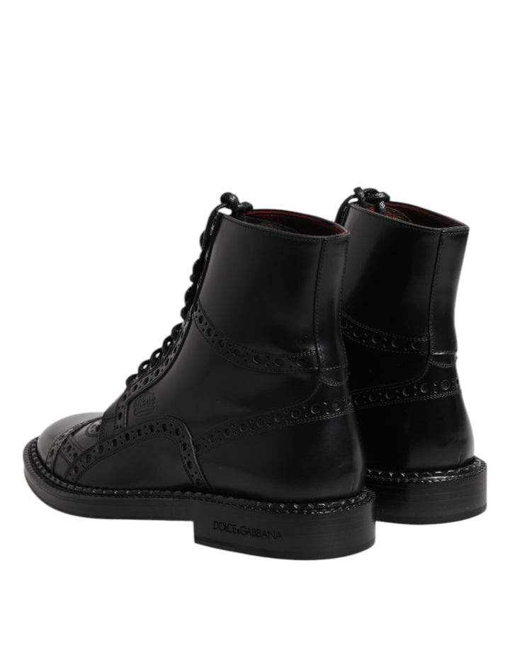 Black Leather Lace Up Mid Calf Boots Shoes