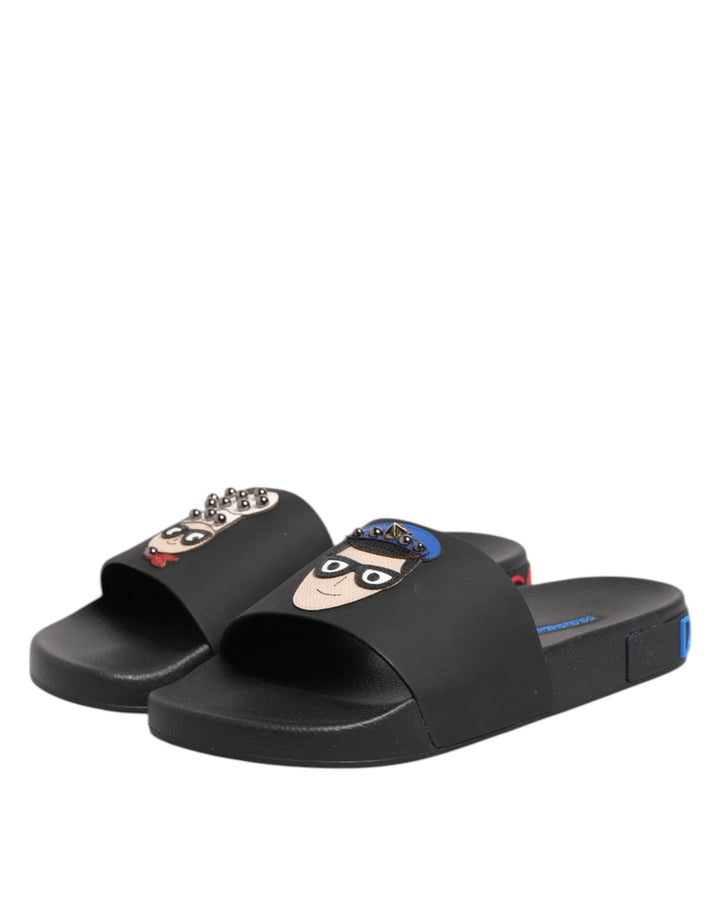 Black Leather Slides Flats Beachwear Shoes