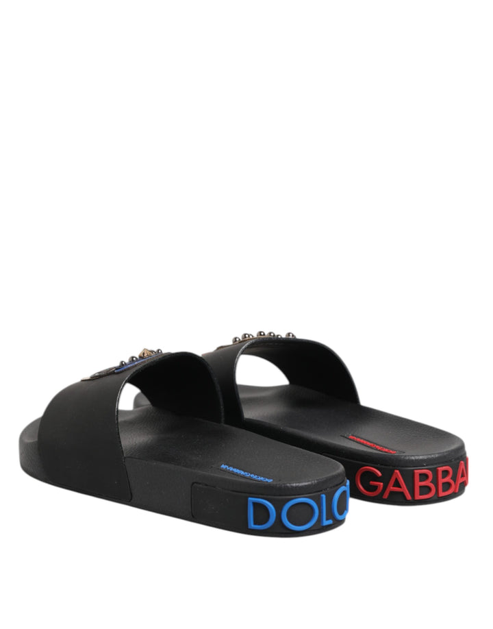 Black Leather Slides Flats Beachwear Shoes