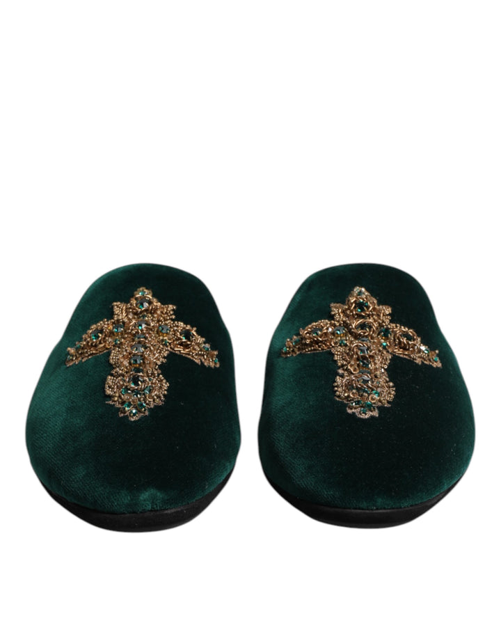 Green Velvet Cross Embellished Slippers Shoes