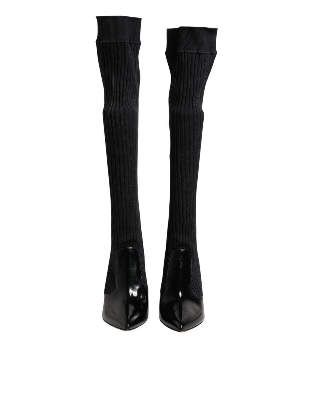 Black Leather Ribbed Knit Knee Boots Shoes