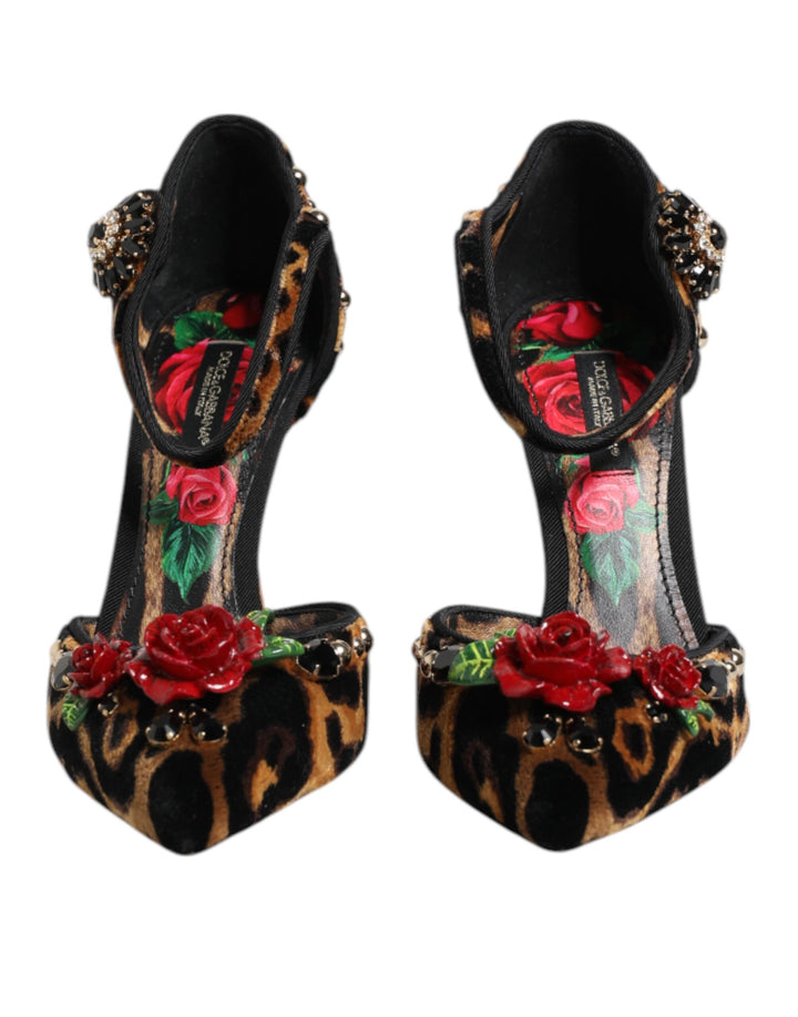 Brown Leopard Crystal Roses Pumps Shoes