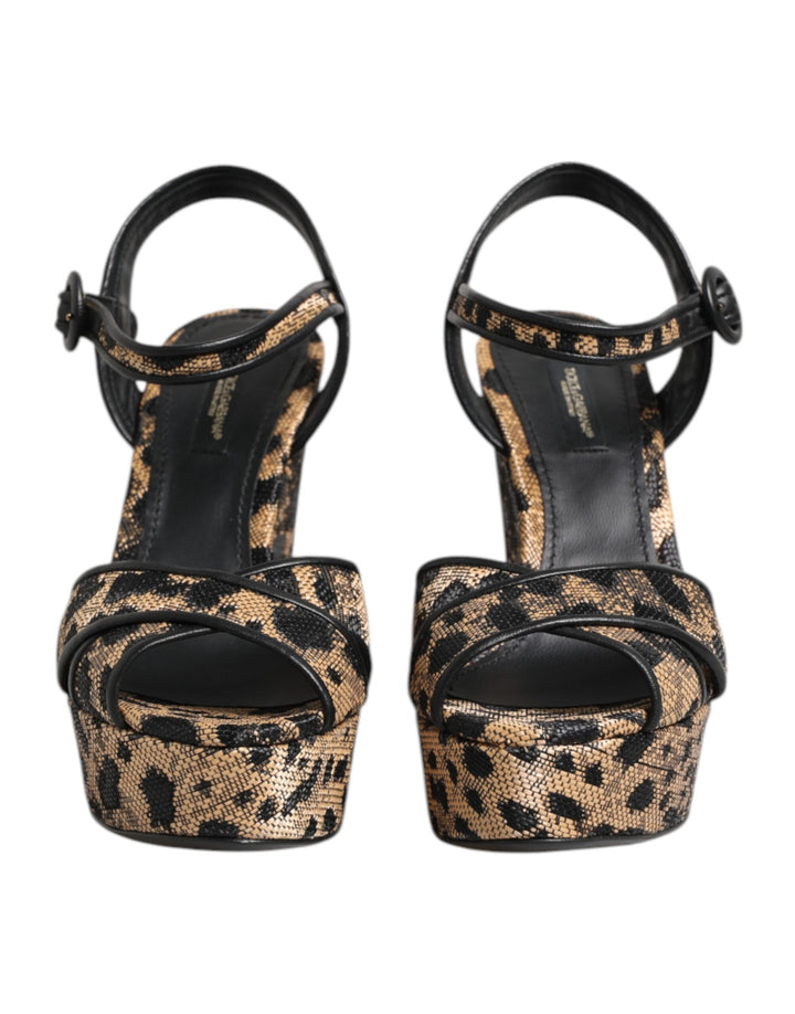 Brown Leopard Wedges Ankle Strap Sandals Shoes