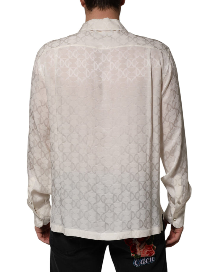 White Silk DG Logo Print Long Sleeves Shirt
