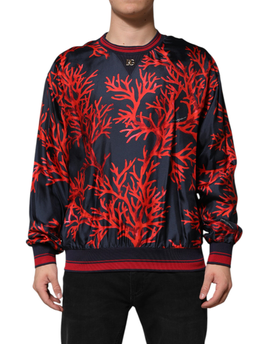 Navy Red Silk Coral Print Pullover Sweater