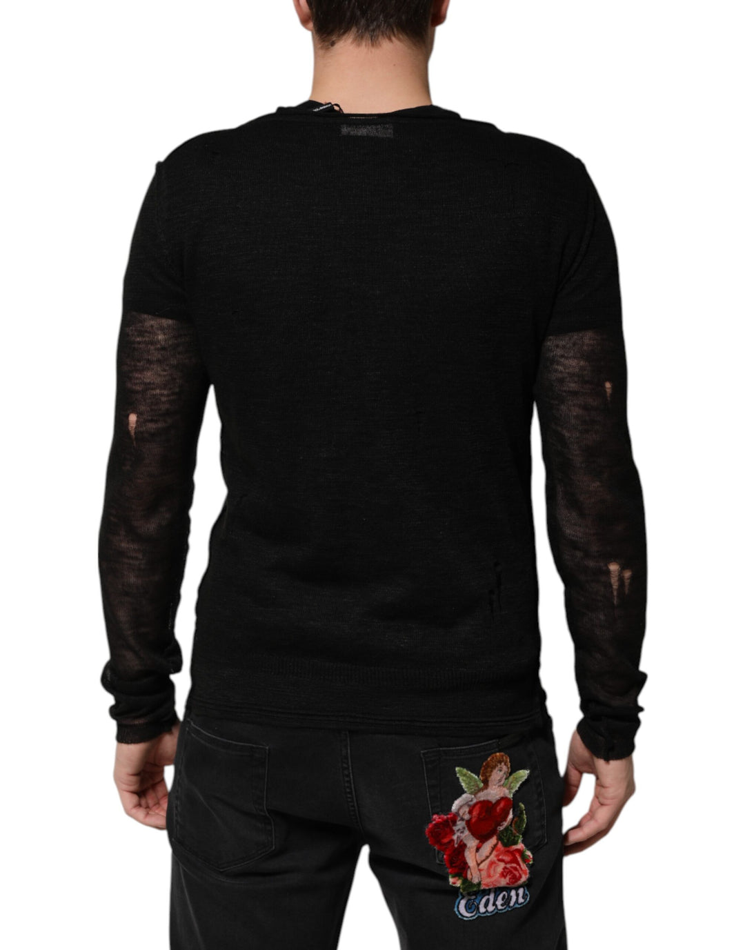 Black Linen Mesh Tattered Longsleeves T-shirt