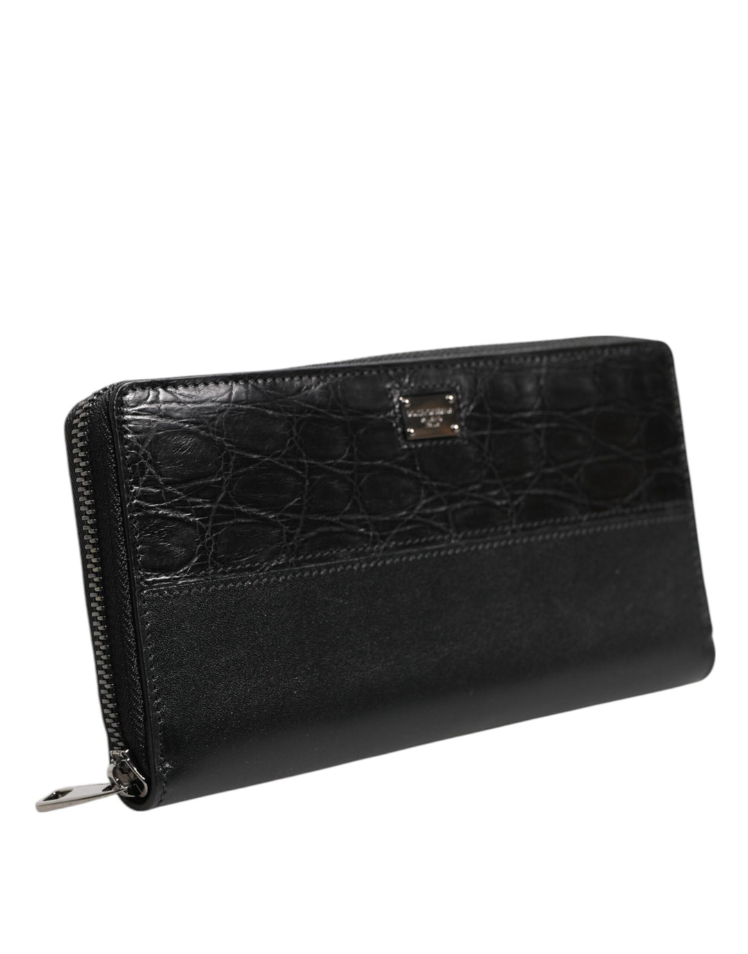 Black Leather Logo Plaque Zip Around Continental Wallet