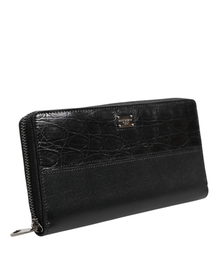 Black Leather Logo Plaque Zip Around Continental Wallet