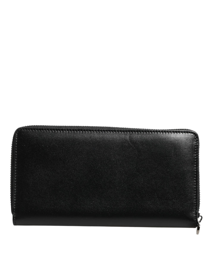 Black Leather Logo Plaque Zip Around Continental Wallet