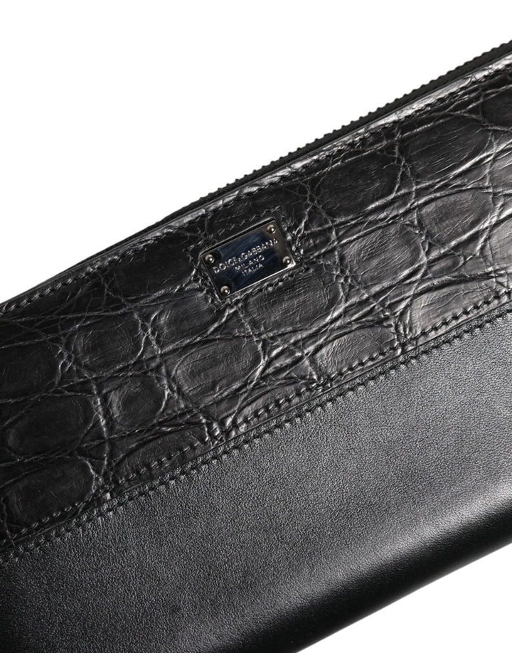 Black Leather Logo Plaque Zip Around Continental Wallet