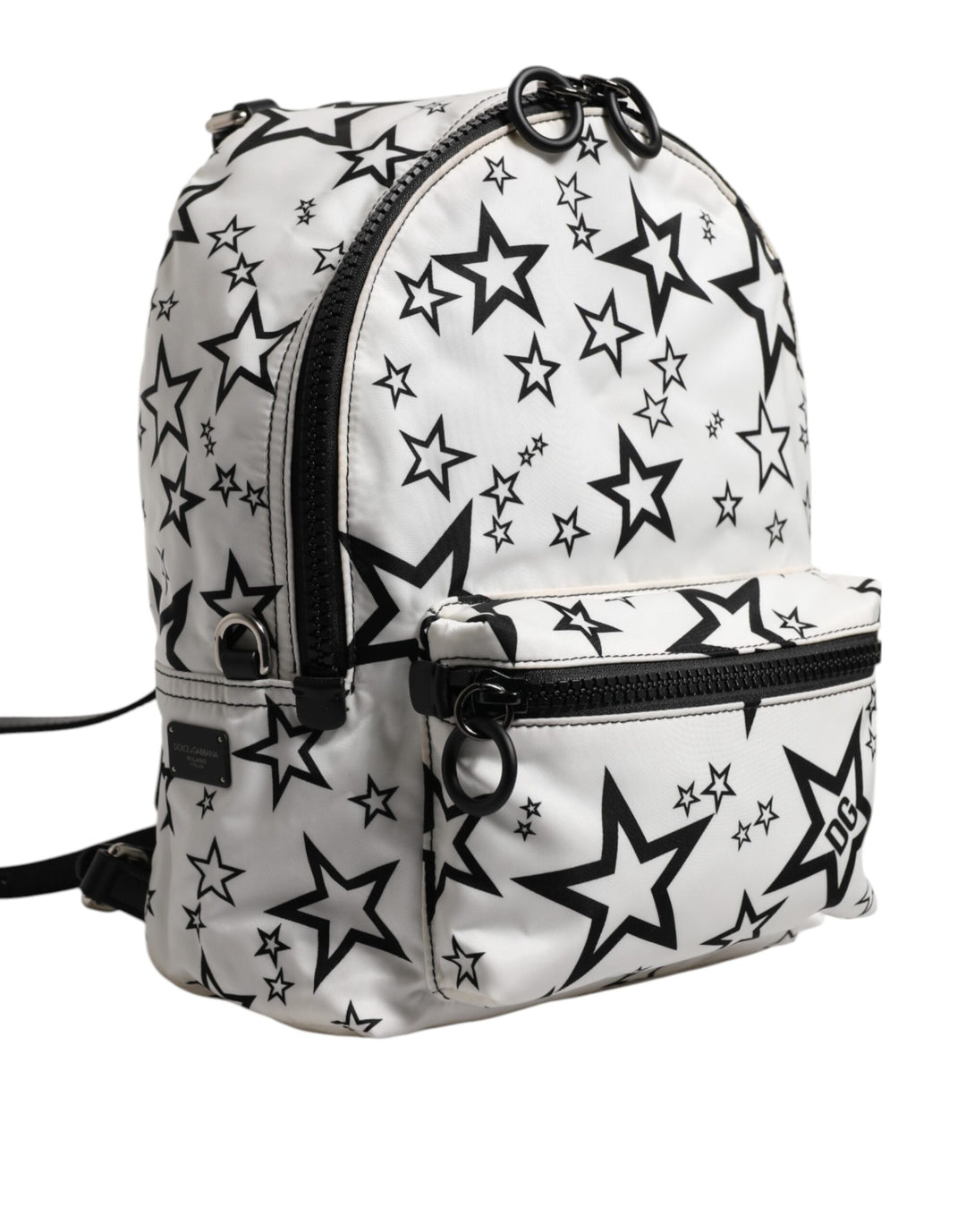 White DG Stars Print Nylon Travel Backpack Bag