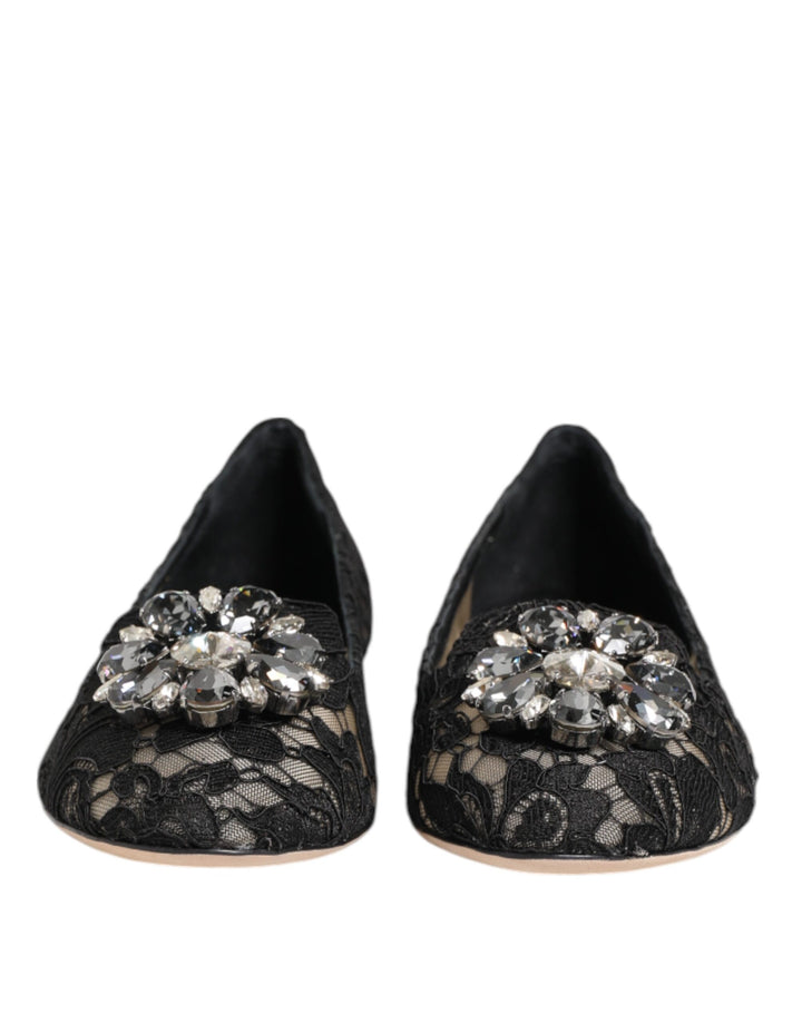 Black Taormina Lace Crystals Flats Shoes