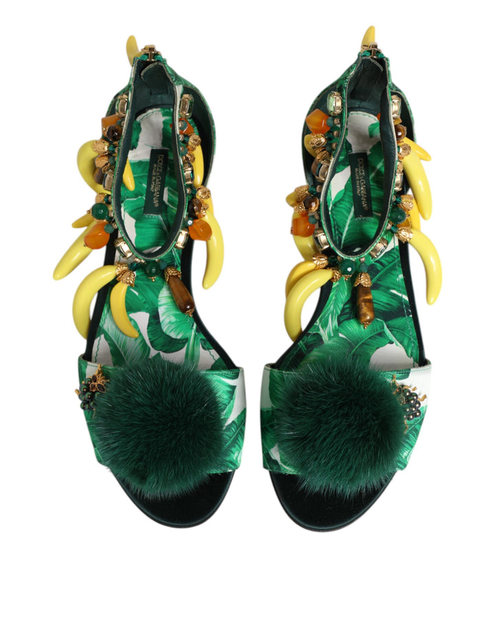 Green Mink Fur Satin Banana Leaf Sandals Shoes