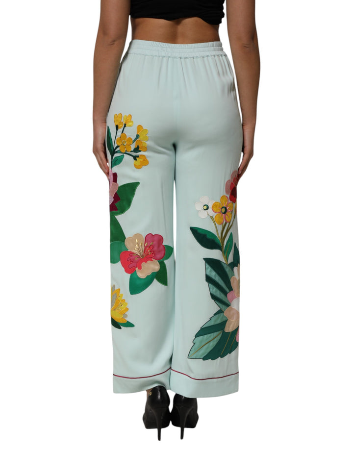 Green Floral Garterized Straight Pajama Pants