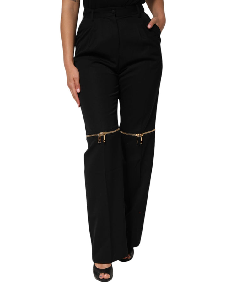 Black Zip Detailed Wool Straight Leg Pants
