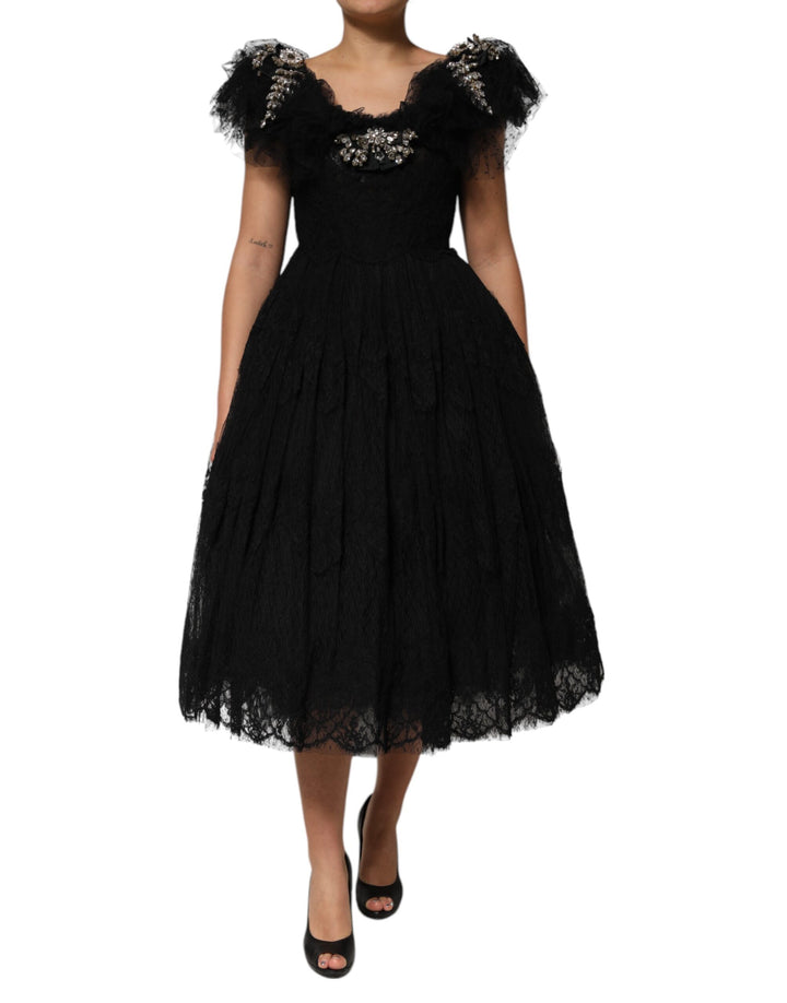 Black Crystal Embellished Midi A-line Dress