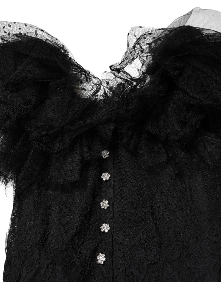 Dolce & Gabbana Black Crystal Embellished Midi A-line Dress