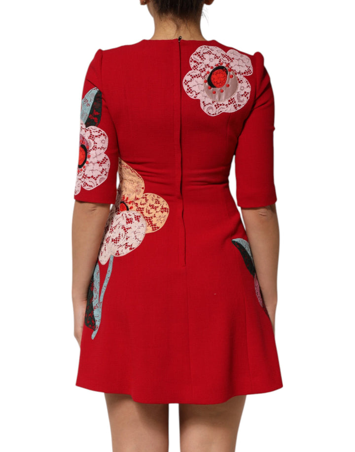 Red Lace Floral Applique A-line Mini Dress