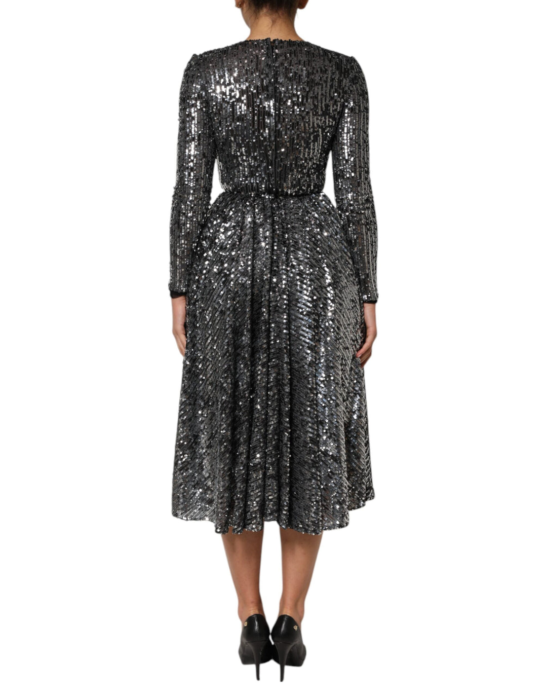 Black Sequined Long Sleeves Midi A-line  Dress