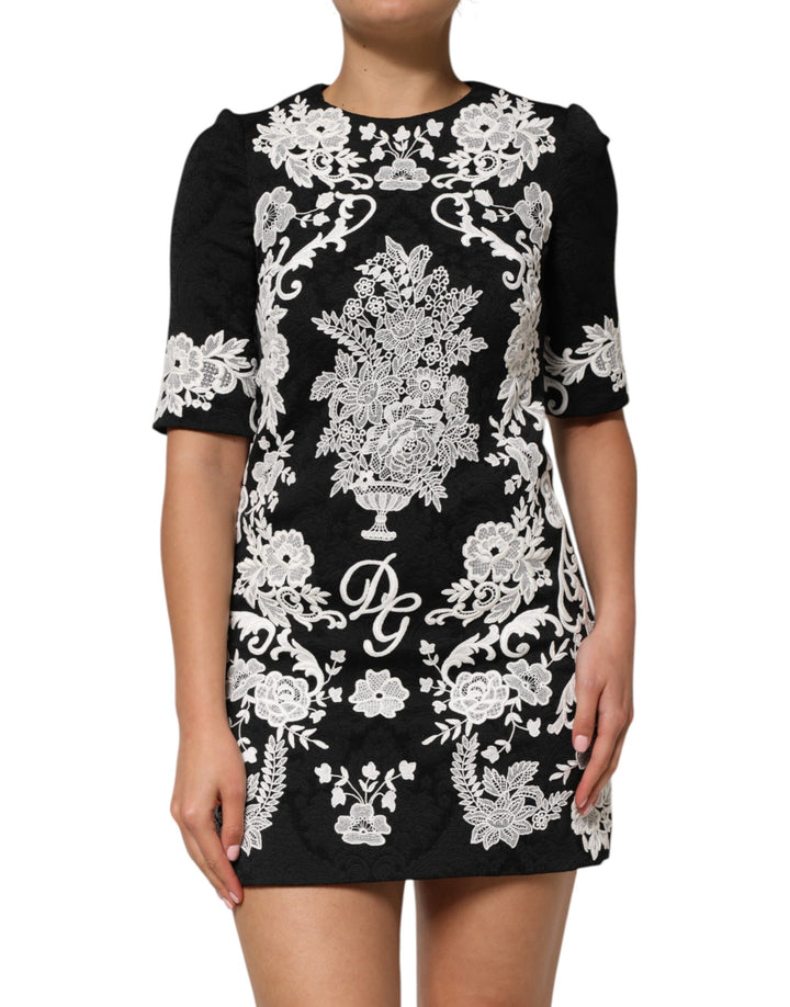 Black Lace Trim Short Sleeves A-line Dress