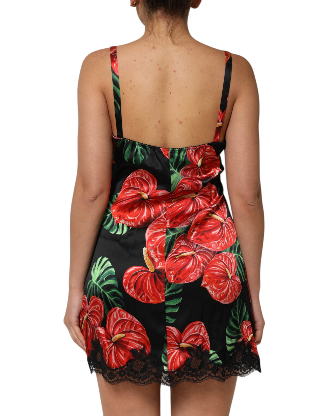 Black Floral Lace Trim Chemise Lingerie Dress