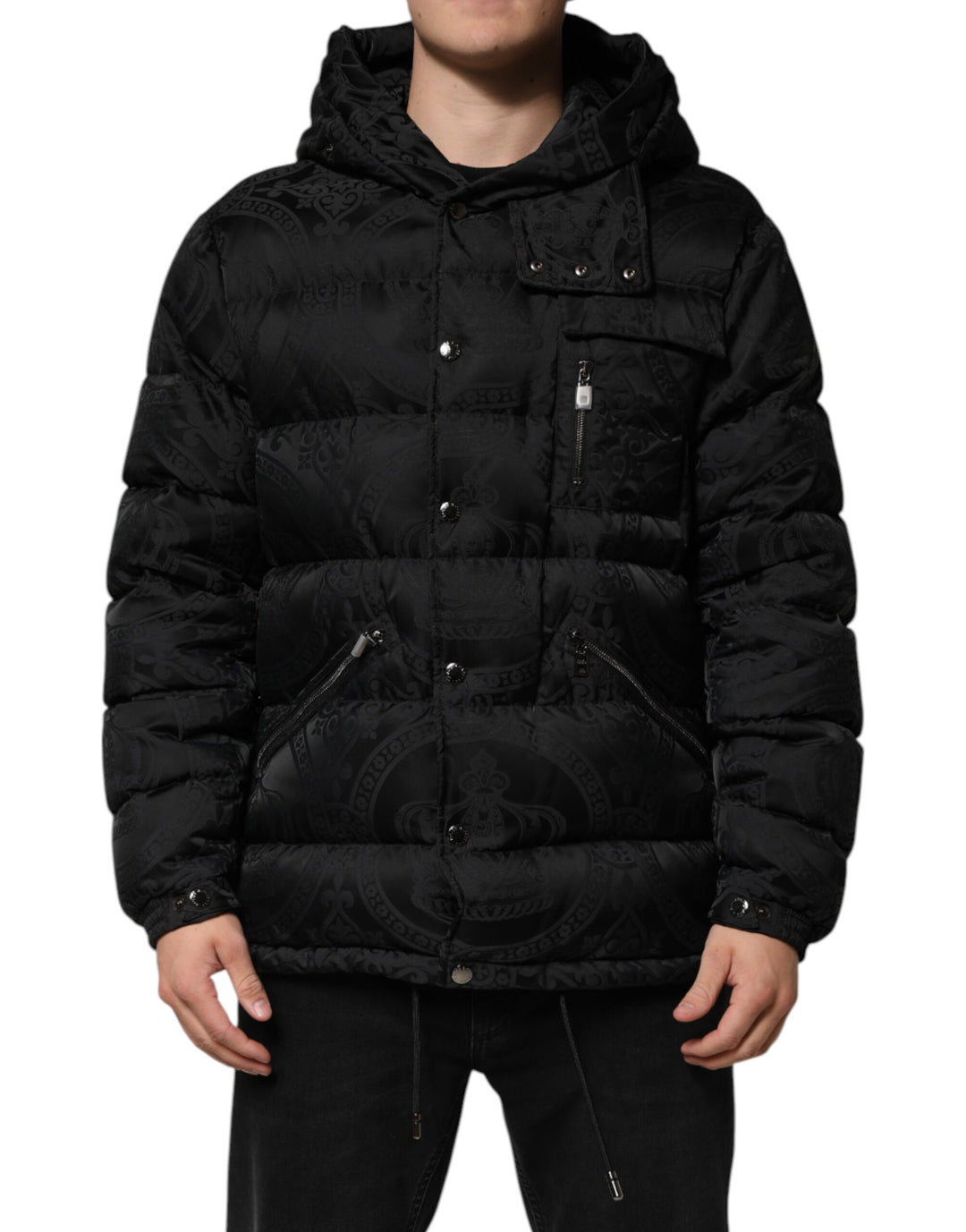 Black Jacquard Quilted Puffer Hooded Jacket