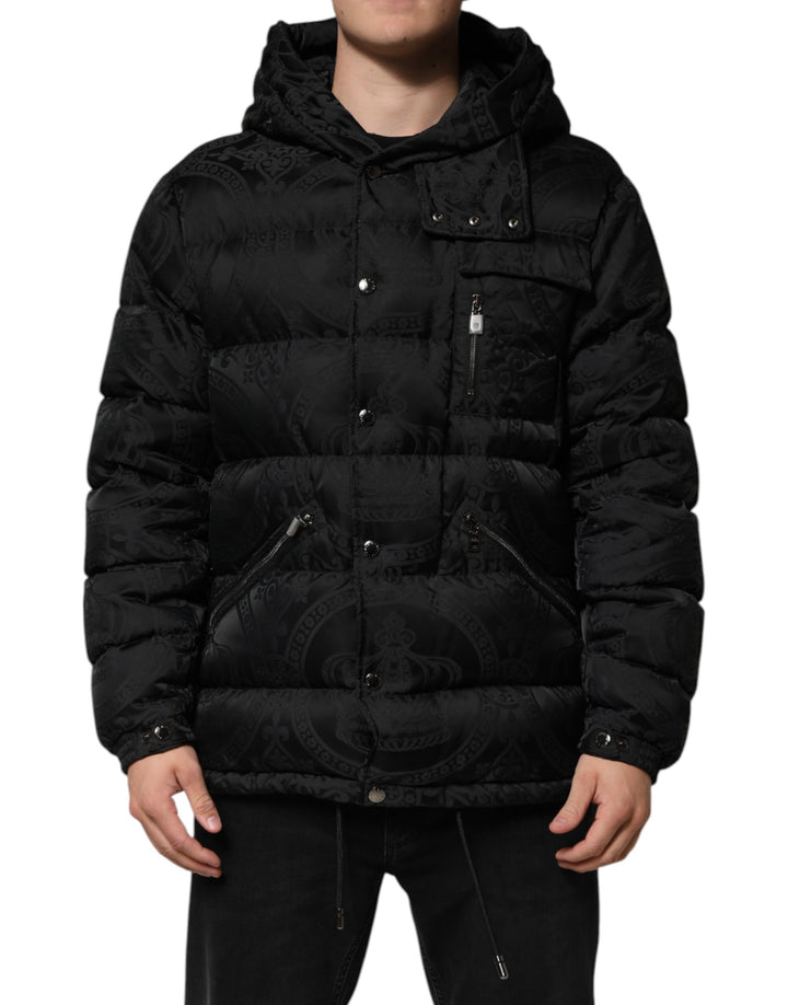 Black Jacquard Quilted Puffer Hooded Jacket