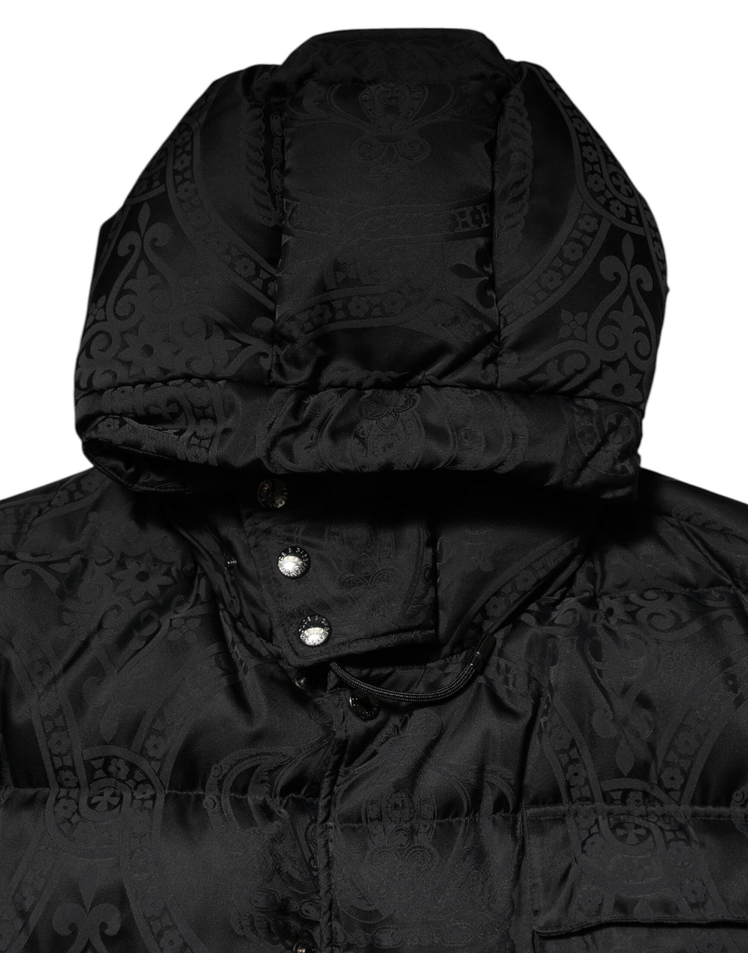 Black Jacquard Quilted Puffer Hooded Jacket
