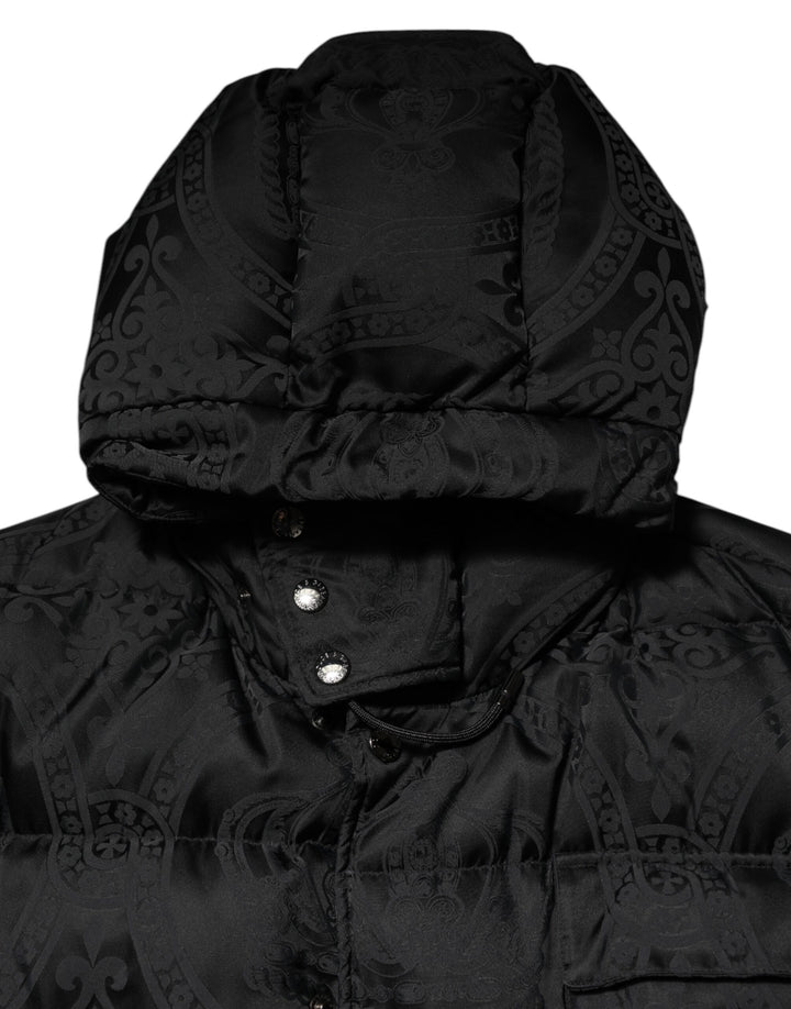 Black Jacquard Quilted Puffer Hooded Jacket