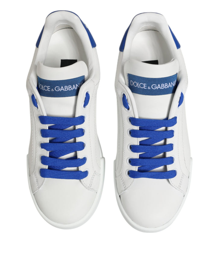 White Blue Leather Low Top Sneakers Shoes