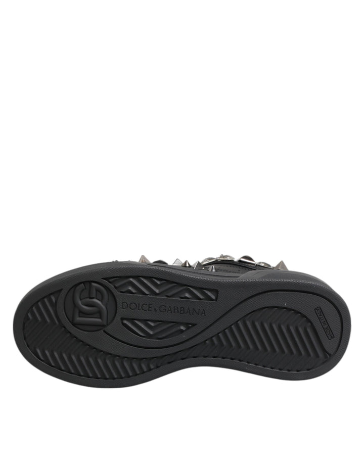 Black Leather Studded Low Top Sneakers Shoes