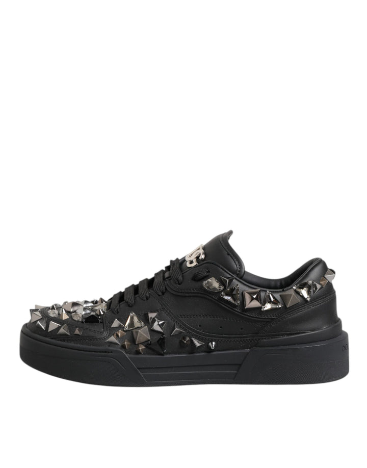 Black Leather Studded Low Top Sneakers Shoes